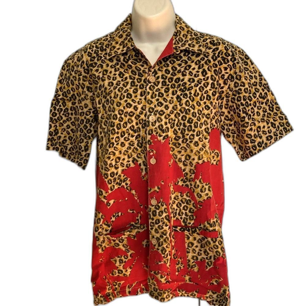 REPLAY Cheetah Leopard Short Sleeve Button Down Long Shirt Womens Small